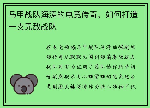 马甲战队海涛的电竞传奇，如何打造一支无敌战队